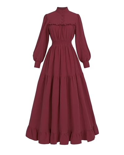 FCCAM Mittelalter Kleidung Damen Vintage Kleider Frauen Viktorianisches Kleid Damen Mittelalter Kleid Baumwolle Langarm, Wein rot, S