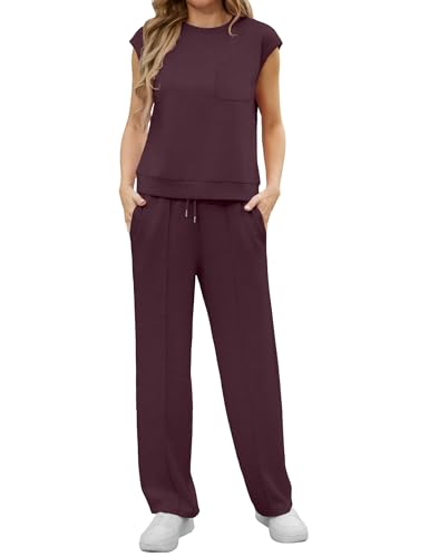 GRECERELLE Mono de verano de manga corta para mujer, conjunto completo para mujer, informal, cuello redondo, manga casquillo y pantalones de jogging con bolsillos, M