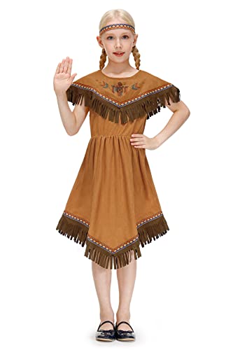 Iimmer Child Girls Native American Cosplay Halloween Pochont Thanksgiving Costume Brown Fringed Midi Dress With Headband 7-8 Years #TOP1