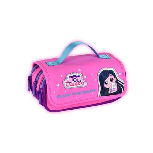 Estojo Triplo Luluca 3 Divisórias Escolar Meninas Pandinhas, Cor Rosa