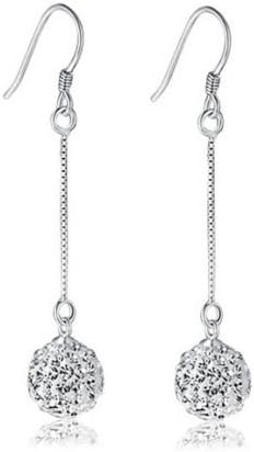 LOVE STORY Womens Long Silver Hook Earring Crystal Disco Ball Ear Stud Drop Dangle Earrings