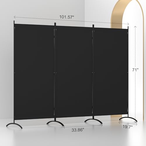 Room Divider, 3 Panel Folding Privacy Screens, 88” Portable Room Dividers with Metal Feet, Lightweight 6FT Partition Divider for Room Separation Wall Divider Screen for Bedroom Office (Black)