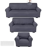 Peryiter 3 Pcs Slipcover Set for Couch Furniture Covers for Sofa Loveseat Couch Arm Chair, Form Fit Stretch, Wrinkle Free, Furniture Protector(Dark Gray,Milk Silk Spandex)