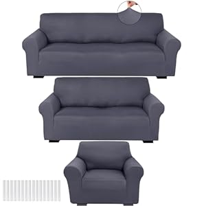 Peryiter 3 Pcs Slipcover Set for Couch Milk Silk Spandex Furniture Covers for Sofa Loveseat Couch Arm Chair, Form Fit Stretch, Wrinkle Free, Furniture Protector(Dark Gray)