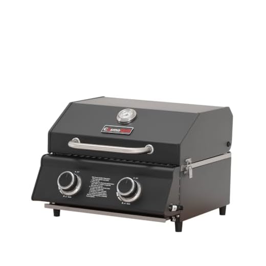 CosmoGrill Compact Black 2 Burner Gas Barbecue, Built-in Temperature Gauge for Patio Terrace, Camping, Home Garden Party Outdoor BBQ Table Top Cooking