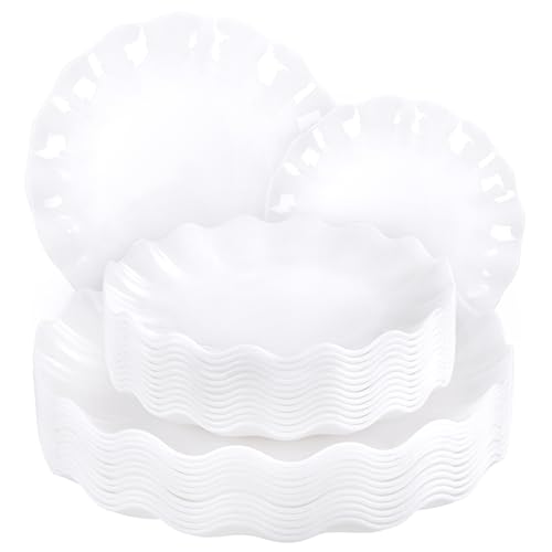 LIYH 24 Pcs White Plastic Plates Reusable - Unbreakable Party Plates, Microwave & Dishwasher Safe Camping Plate Sets Perfect for Parties, Birthday, Picnics, BPA Free (12Guests)