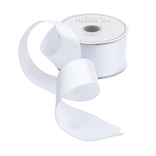 Caspari Solid White Satin Wired Ribbon - 8.2 Meter Spool, White & Clear