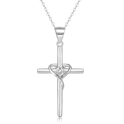 Cross Necklace for Women, 925 Sterling Silver Birthstone Necklace, 5A CZ Cross Heart Pendant with Adjustable Chain, 16+2 Inches