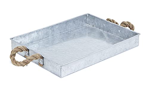 Cheung's FP-3744 Galvanized Metal Rectangular Tray with Rope Handle, Gray, Brown, 16x11.75x2