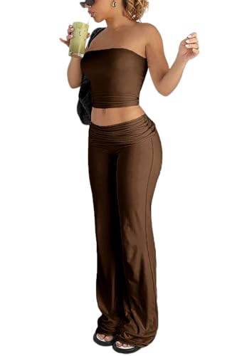 Image of Sexy Women's 2 Piece Lounge Sets Pajama Outfits Casual yoga Crop tube Top High Waist Wide Leg Foldover Flare Pants