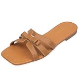 WONDERWAY Women Bow Flat Sandals Dressy Sandals for Women Cute Comfortable Square Open Toe Slides Sandals(Brown,8)