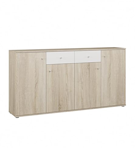 Home Heavenly® Aparador Match con 4 Puertas y 2 Cajones – Mueble Moderno con Gran Capacidad de Almacenaje e Iluminación Integrada para Salón o Comedor en Acabado Sonona y Blanco 160 x 80 X 32 cm