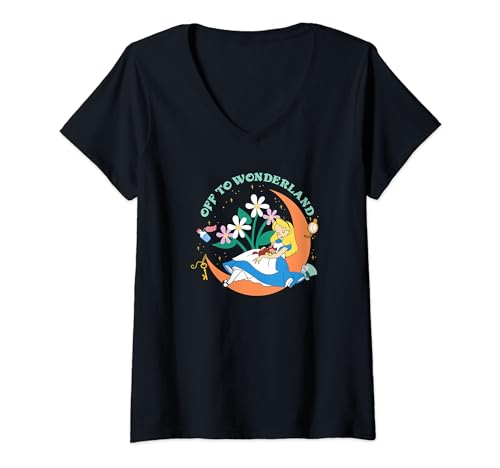 T-shirt col V Alice au Pays des Merveilles Disney pour femme style Cat Nap