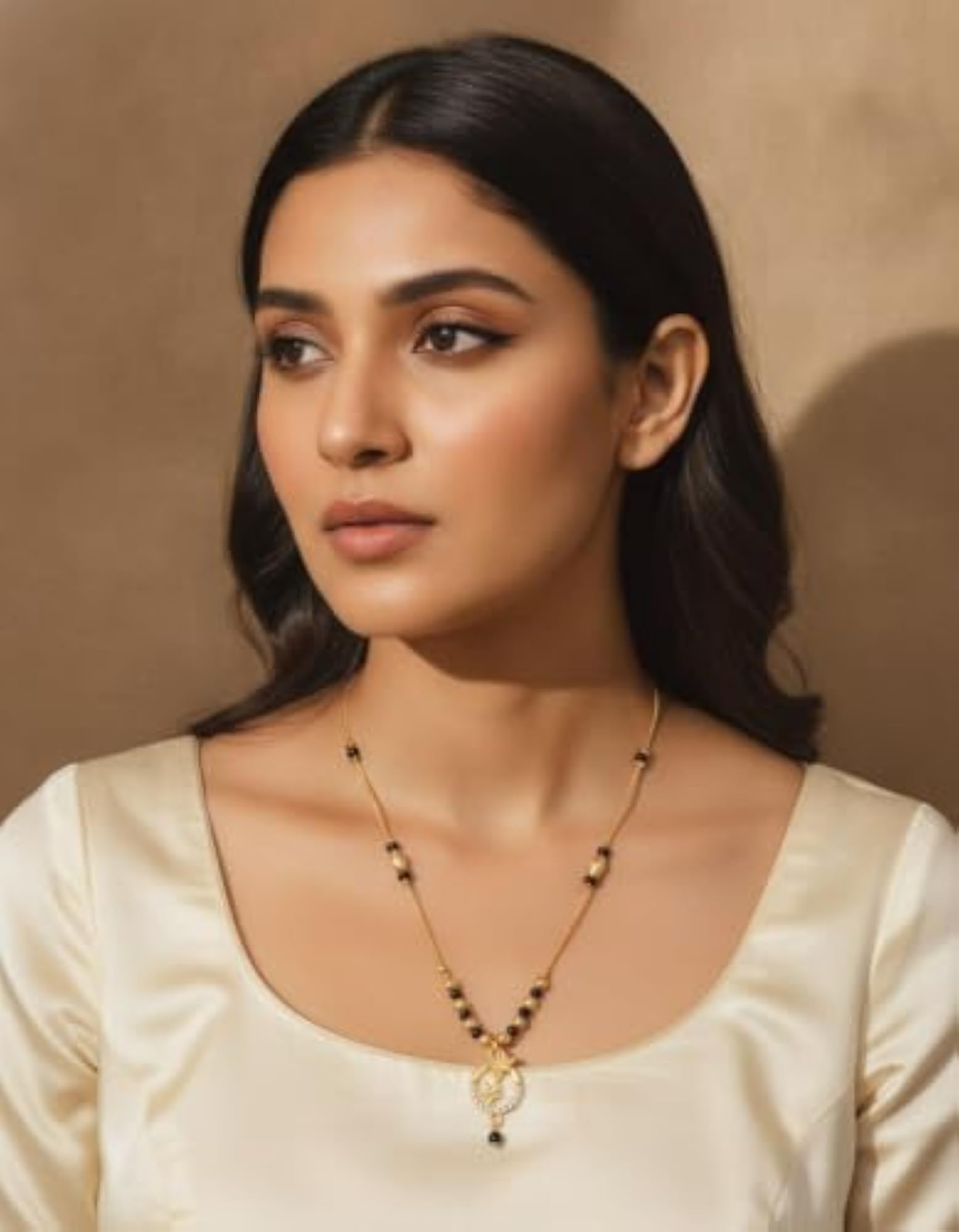 Women's Designer Gold Plated Mangalsutra with Black Beads and American Diamond Pendant