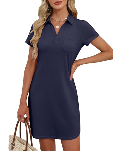Image of ANRABESS Women Mini T Shirt Dress, V Neck Short Sleeve with Pockets, Soft Medium Stretch Trendy Summer Casual Beach Vacation