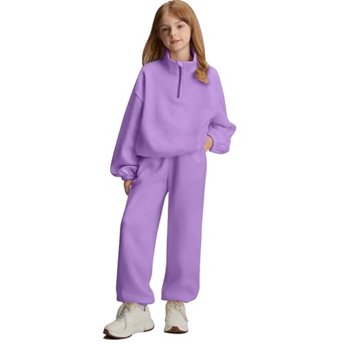 Girls 2 Piece Outfits Long Sleeve Sweatshirts Sports Sweatpants Toddler Sweatsuit Set 8-13 Years Fashion Tracksuit Spring Fall Half Zipper Pullover Kids Long Pants With Pockets Purple-9