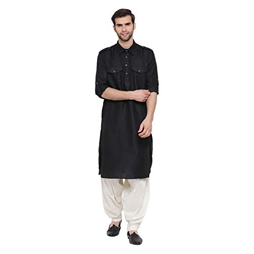 Image of VASTRAMAY Men's Cotton Blend Pathani Kurta Set || Stylish Pathani Style Kurta with Roll Up Sleeves and Relaxed Fit Patiala Salwar