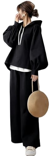 YUANYUAN レディース ２点セット ジャージ セットアップ パーカー+ワイドパンツ スポーツ スウェット 上下セット スーツ 春服 秋服 フード付き パフスリーブ ロング丈 カジュアル ゆったり 大人 可愛い おしゃれ 着痩せ 通学 部屋着 春秋