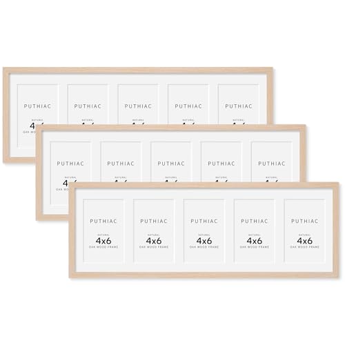 8x24 Oak Wood Picture Frame - 8x24 Photo Frame with Mat Display 5Pcs 4x6 Photos, 4x6 Picture Frame Wood, Natural Solid Wooden Picture Frames for Wall Art Photo and Prints(3 Pack, Beige)
