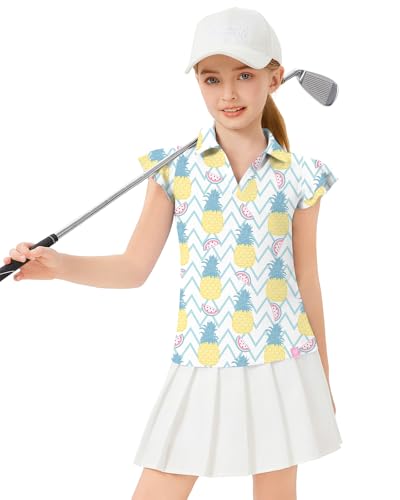 Image of Soneven Girls Ruffle Sleeve Polo Shirts V-Neck Golf Tennis T-Shirts Uniform Shirts Quick Dry for 4-14 Years