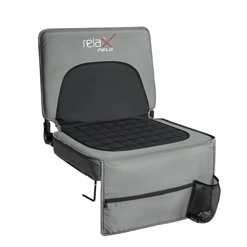 RELAX FIELD Stadium Seats with Back Support and Cushion, Folding Stadium Chair Includes Shoulder Strap and Cup Holder, Portable Bleacher Chairs for Sports Events Grey