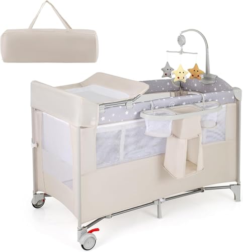 Goplus Cuna De Viaje Para Bebé 5 En 1, Cuna Colecho Plegable Con Cambiador De Pañales, Juguetes, Caja De Música, Colchón Y Estante, Cuna Bebe Portátil Con Bolsa De Transporte Beige Goplus Cuna De Viaje Para Bebé 5 En 1, Cuna Colecho Plegable Con Cambiador De Pañales, Juguetes, Caja De Música, Colchón Y Estante, Cuna Bebe Portátil Con Bolsa De Transporte Beige