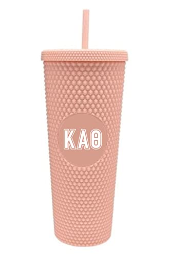 Sorority ShopKappa Alpha Theta Studded Tumbler with Straw - 24 Oz Tumbler with Lid and Straw, Matte Coral, Reusable Plastic Cup with Screen Printed Greek Letters for Water, Ice Coffee or Any Drink