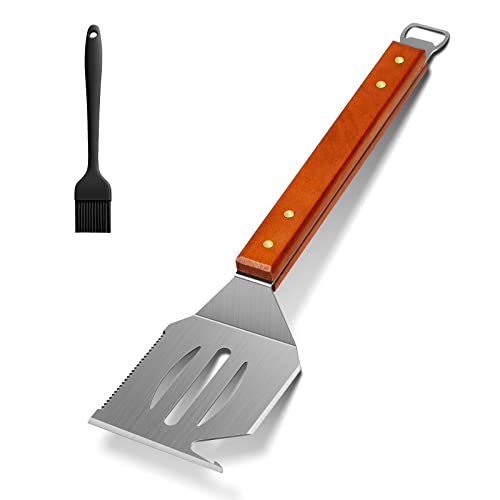 Grill Spatula, Innovative Bbq Spatula All In One Grill Tools With Long Wood Handle, Stainless Steel Bbq Tools For Outdoor Grilling Men And Women, Barbecue Spatula With Silicone Basting Brush #TOP6