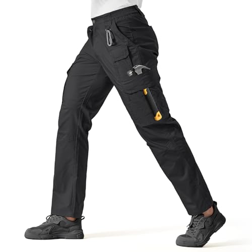 IGOLUMON Pantalon de Travail Cargo Homme, Pantalons de Sécurité Stretch avec Ceinture Semi-Élastique 14 Poches Multifonctions pour Randonnée Tactique Noir