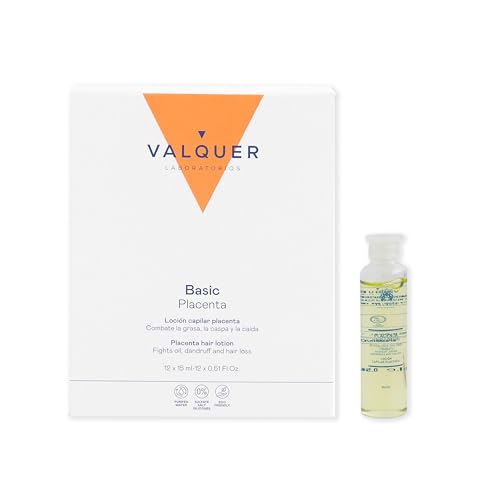 Valquer Loción Capilar de Placenta Vegetal en Ampollas Anticaspa y Anticaída. Combate el Pelo Graso, la Caspa, la Seborrea y la Caída del Pelo Estimulando el Crecimiento del Cabello. 12 Uds de 15 ml.