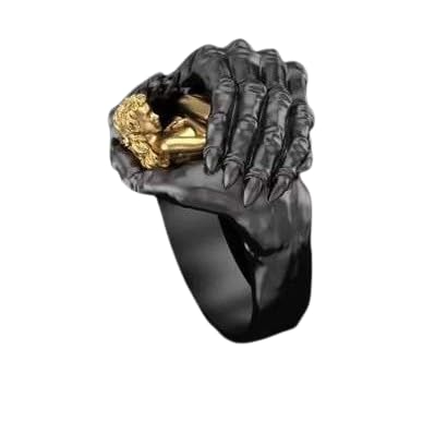 Bague griffon sombre avec main de squelette noire et details dores pour look gothique chic