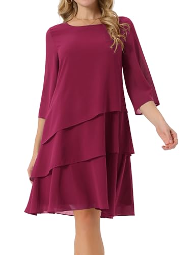 Image of Seta T Women's Chiffon Dresses 3 /4 Bell Sleeve Crewneck Tiered Layered Flowy Dress Party Wedding Outfits