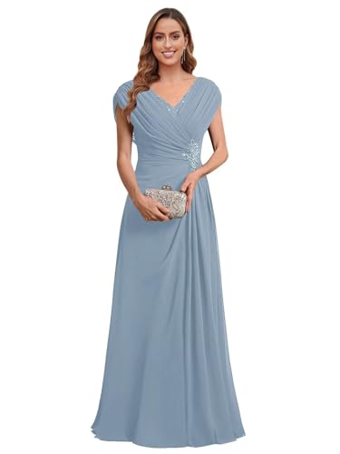 Cap Sleeves Mother of The Bride Dresses for Women Chiffon Beaded Long Ruched A Line Formal Dresses4
