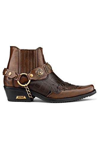 Men's Leather Crocodile Design Cowboy Western Ankle Boots with Cuban Heels and Metal Chain