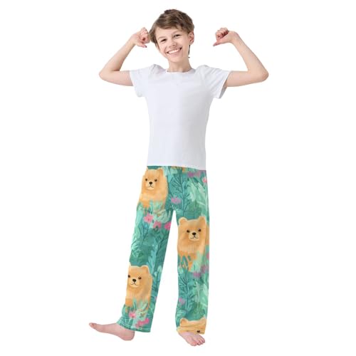 Lovely Pomeranian Florals Boys Long Pants Soft Trousers Elastic Waist Kids Lounge Bottoms with Pockets S-XL3