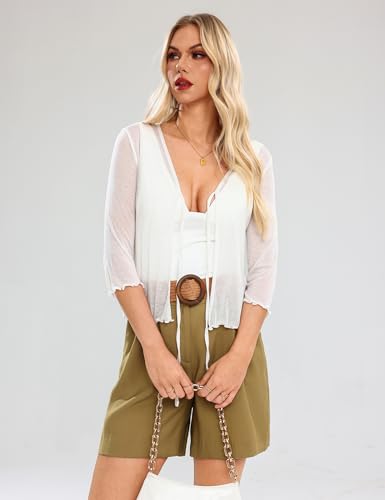 Image of Aiboria Womens 3 /4 Sleeve Shrug Lightweight Bolero Tie Front Cropped Cardigan White