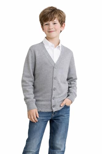 HILEELANG Kids Boy Girl School Uniform Cardigan Sweaters Grey V-Neck Basic Solid Button Knitted Cardigan 8Y