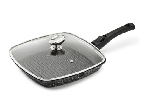 Pradel Excellence - PCUI001022 - Poêle Grill en Fonte d'Aluminium 28x28cm, Couvercle Verre - Revêtement Anti-Adhésif Façon Pierre - Manche Amovible - Tout Feu, Noir