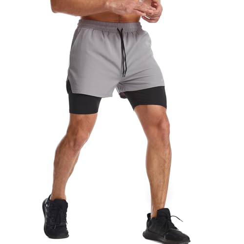 Surenow Mens 2 in 1 Running Shorts Quick Dry Athletic Shorts with Liner, Workout Shorts with Zip Pockets and Towel Loop