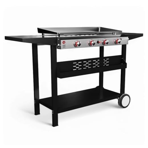 Gas One Flat Top Grill With 4 Burners - Premium Propane Outdoor Grill Cart - Stainless Steel Auto Ignition Camping Griddle - Easy Cleaning Cooking