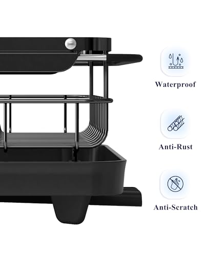 Kitsure Dish Drying Rack for Kitchen Counter, Stainless Steel Sink Organization and Storage Essentials with Cutlery Holder, Home and Appartment Decor, 12.2''W x 15.7''~23''L, Black