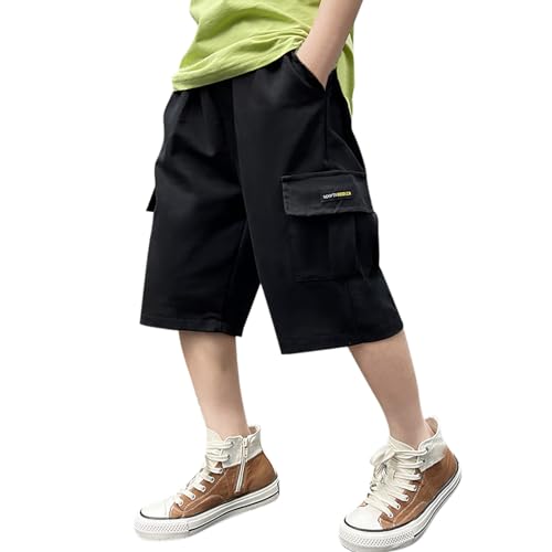 Boys Kids Cargo Shorts Youth Boy's Casual Loose Stretch Shorts Outdoor Cargo Bottoms Fleece Pants Baby Boy Black2