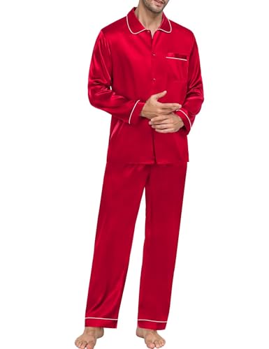 SWOMOG Couple Silk Satin Pajamas Set 2Pcs Matching Famliy Sleepwear Button Down Loungewear Men & Women Pjs with Pants Red3