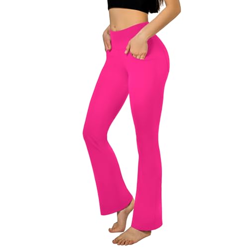 SINOPHANT Pantalones de Yoga Acampanados con 4 Bolsillos Cintura Alta Mujer，Opaco Control de Barriga Yoga Phants para Pilates Ejercicio Fitness Trabajo Casuales Rosa M