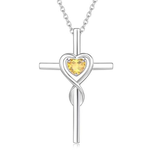 FANCIME Citrine Cross Necklace For Women Sterling Silver Birthstone Citrine Infinity Heart November Birthstone Jewelry Valentines Day Gifts for Women