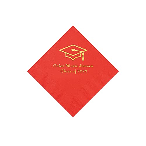 Red Grad Mortarboard Personalized Napkins with Gold Foil - 50 Pc.– Beverage