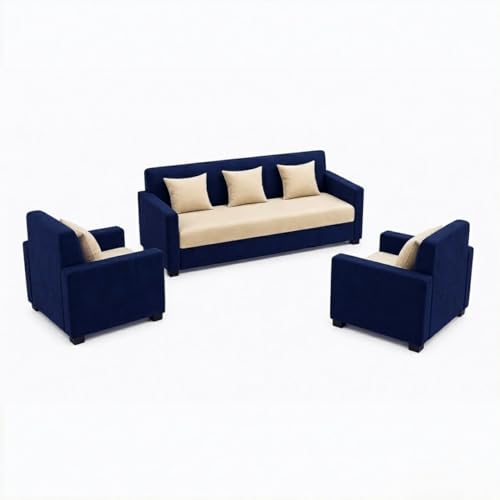 Image of FURNY Lexon 3 Seater + 1 Seater + 1 Seater Fabric Sofa Set (Dark Blue-Cream) with Velvet Finish | Durable Comfort | Ideal for Living Room