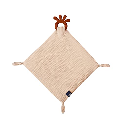 Image of Baby Muslin Security Blanket with Food Grade Silionce Teether,Soothe Teething Toy for Boys and Girls,100% Polyester (Khaki)