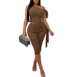 Vssjavun Women's 2 Piece Outfits Sexy Sleeveless One Shoulder Crop Tops Bodycon Capri Pants Sets Party Clubwear Brown XXL