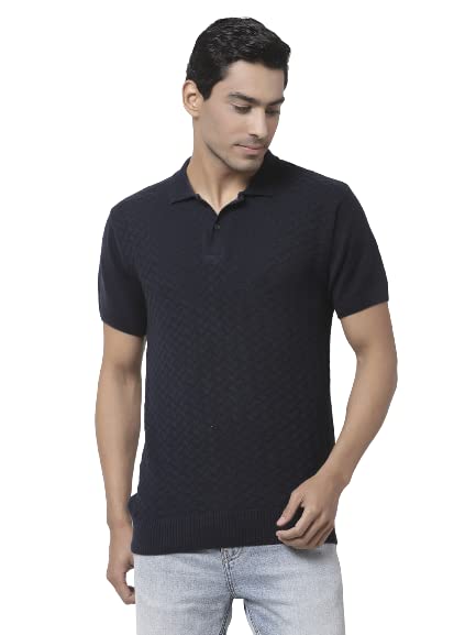 Image of Style Quotient Men Navy Blue Self Design Tshirts